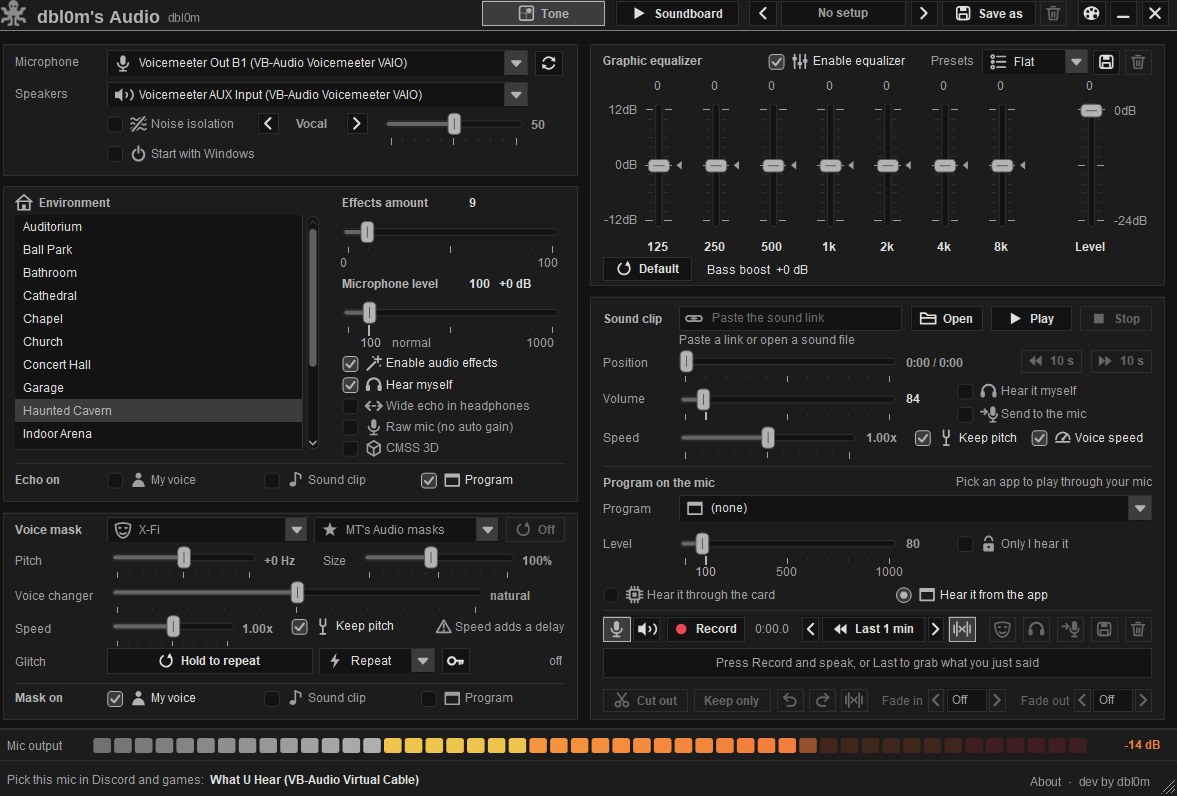 dbl0m's Audio main window: microphone and speakers, room list, voice mask, graphic equalizer, sound clip player and recorder
